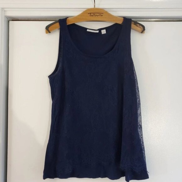 New York & Company Lace Overlay Small Navy Tank Top - Picture 1 of 7